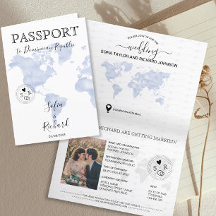 Modern Wedding Destination Passport Blue World Map Invitation