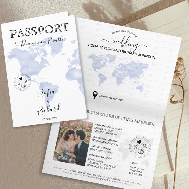Modern Wedding Destination Passport Blue World Map Invitation (Creator Uploaded)