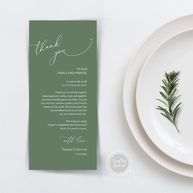 Modern Wedding Dinner Place Setting Thank You Card (Modern Wedding Dinner Place Setting Thank You Card, Plate decor, in Forest Sage Green)