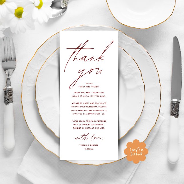 Modern Wedding Dinner Place Setting Thank You Card (Modern Wedding Dinner Lunch Brunch Celebration Place Setting Thank You Card in Burgundy Wine Red)
