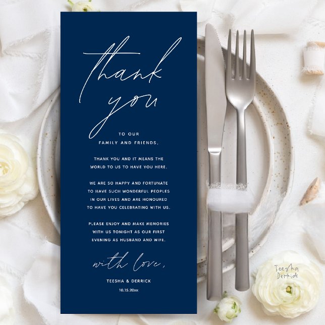 Modern Wedding Dinner Place Setting Thank You Card (Modern Wedding Dinner Place Setting Thank You Card Reception Brunch Lunch in Navy Blue)