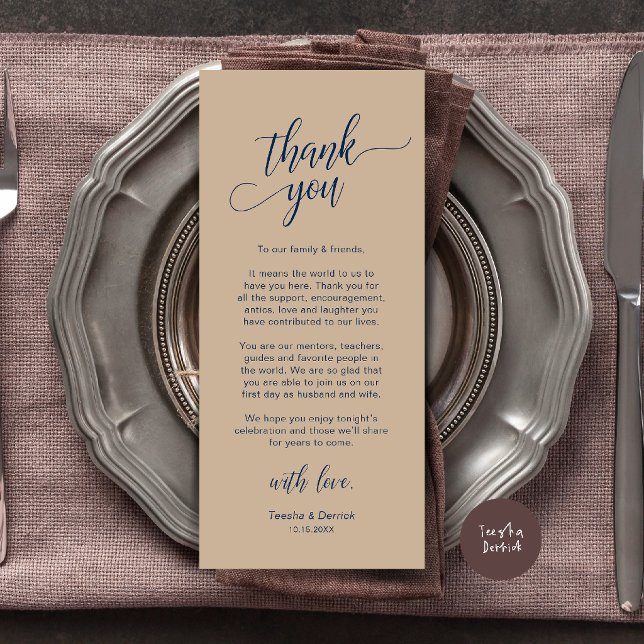 Modern Wedding Dinner Place Setting Thank You Card (Modern Wedding Dinner Place Setting Thank You Card in Navy Blue Brown Tan)