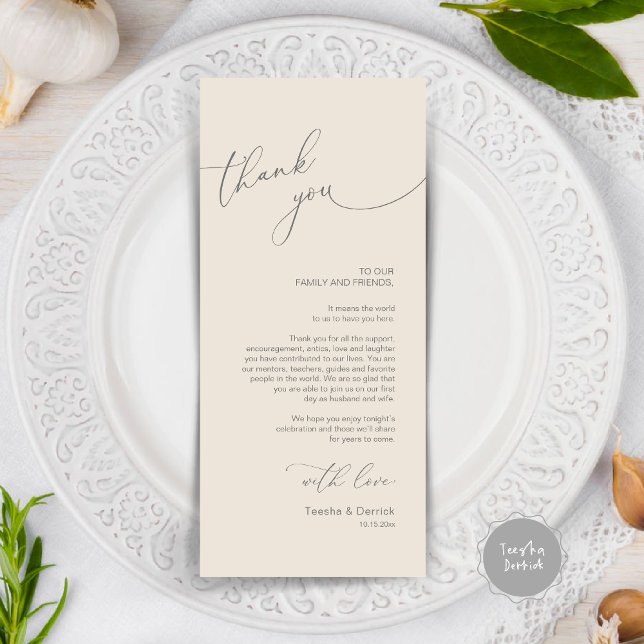 Modern Wedding Dinner Place Setting Thank You Card (Modern Wedding Dinner Place Setting Thank You Card, in cream and dark grey)