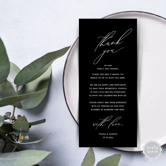 Modern Wedding Dinner Place Setting Thank You Card (Modern Wedding Dinner Place Setting Thank You Card, Minimalist Classy Black)