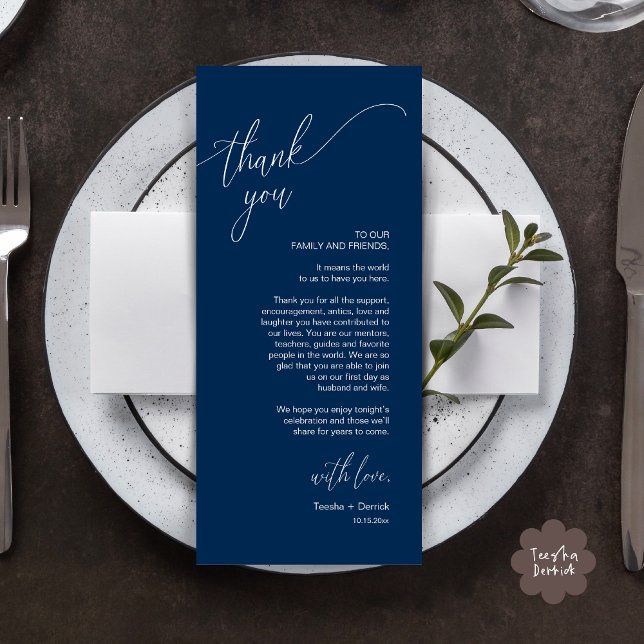 Modern Wedding Dinner Place Setting Thank You Card (Modern Wedding Dinner Brunch Place Setting Thank You Card romantic in aesthetic classy navy blue)