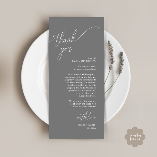 Modern Wedding Dinner Place Setting Thank You Card (Modern Wedding Dinner Brunch Place Setting Thank You Card romantic in aesthetic rustic dark grey)