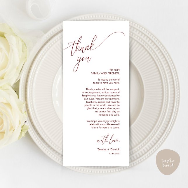 Modern Wedding Dinner Place Setting Thank You Card (Modern Wedding Dinner Brunch Place Setting Thank You Card romantic in aesthetic burgundy red)