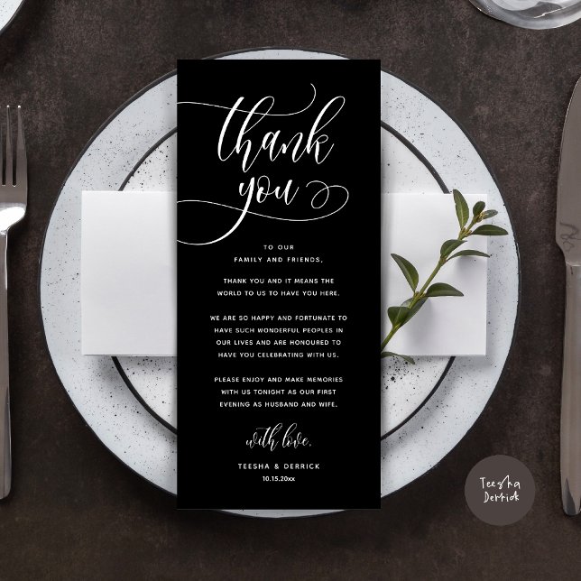 Modern Wedding Dinner Place Setting Thank You Card (Wedding Dinner Place Setting Thank You, Welcome and Thanks Card, in Classy Black)