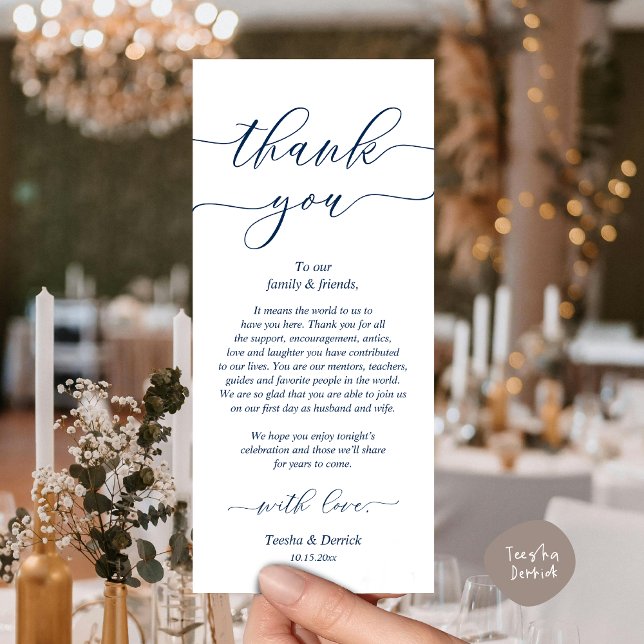 Modern Wedding Dinner Place Setting Thank You Card (Romantic Wedding Dinner Lunch Brunch Party Place Setting Thank You Card in Classy Navy Blue)