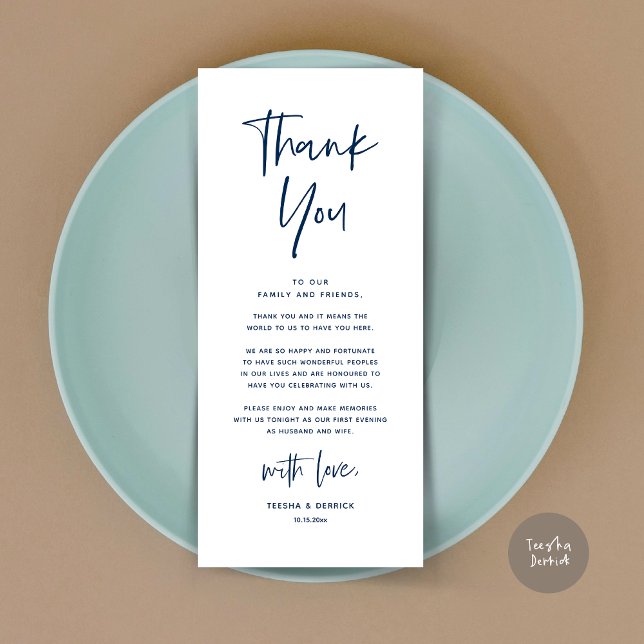 Modern Wedding Dinner Place Setting Thank You Card (Welcome and Thanks, Modern Wedding Dinner Brunch Party Place Setting Thank You Card Navy Blue)