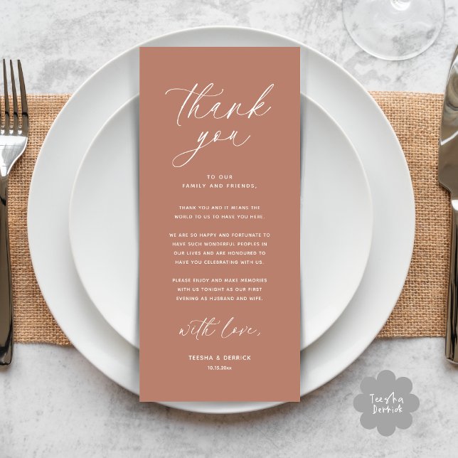Modern Wedding Dinner Place Setting Thank You Card (Wedding Dinner Place Setting Thank You Card Modern Romantic Contemporary Classy Terracotta Brown)