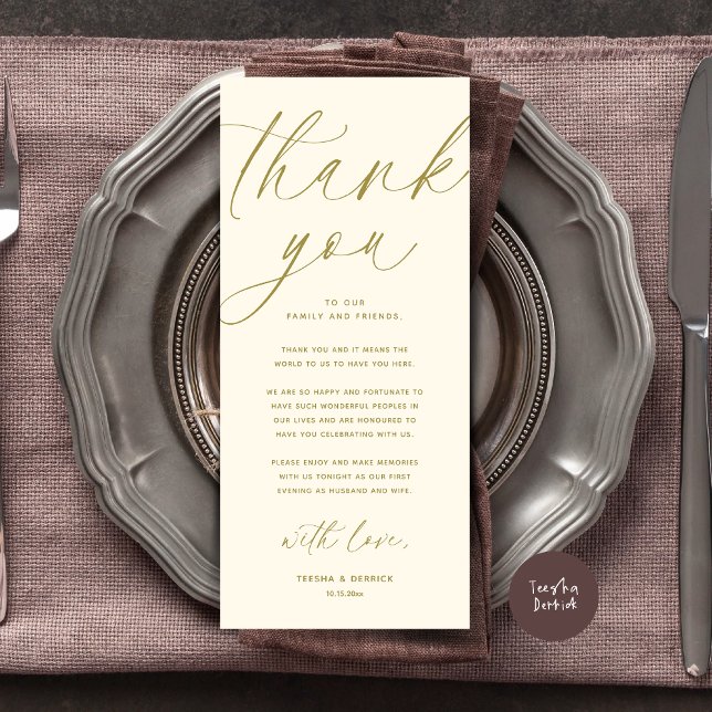 Modern Wedding Dinner Place Setting Thank You Card (Wedding Dinner Place Setting Thank You Card Modern Romantic Contemporary Classy Yellow Gold)