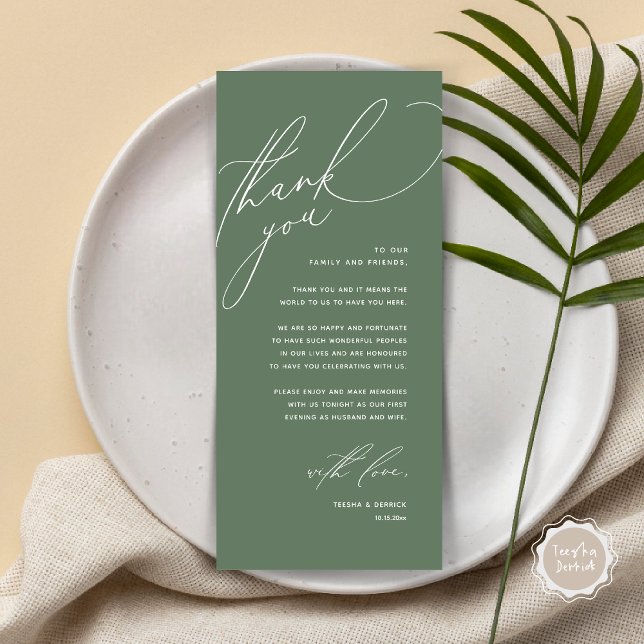 Modern Wedding Dinner Place Setting Thank You Card (Modern Wedding Dinner Place Setting Thank You Card, Romantic Plate Decor, in Forest Sage Green)