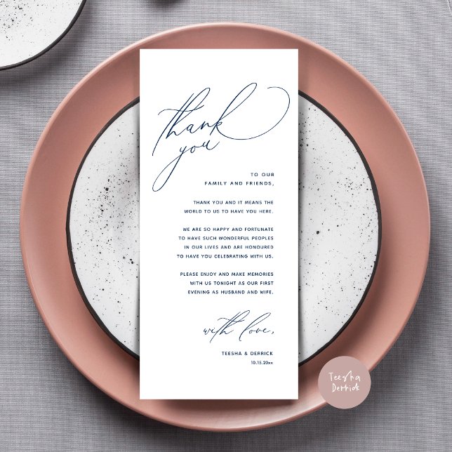 Modern Wedding Dinner Place Setting Thank You Card (Modern Wedding Dinner Place Setting Thank You Card, Romantic Plate Decor, in Navy Blue)