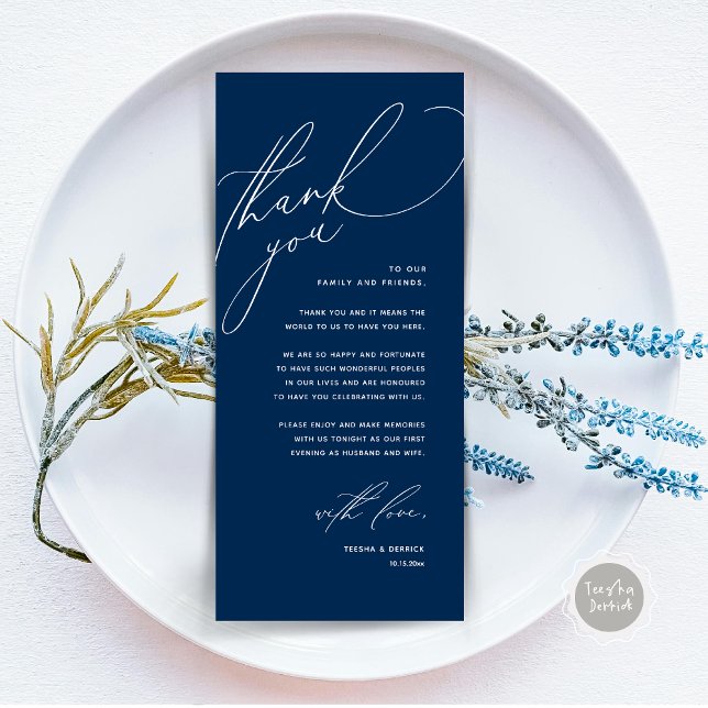 Modern Wedding Dinner Place Setting Thank You Card (Modern Wedding Dinner Place Setting Thank You Card, Romantic Plate Decor, in Navy Blue)