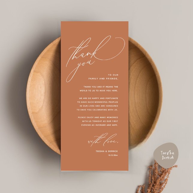Modern Wedding Dinner Place Setting Thank You Card (Modern Wedding Dinner Place Setting Thank You Card, Romantic Plate Decor, in Copper Brown Terracotta)