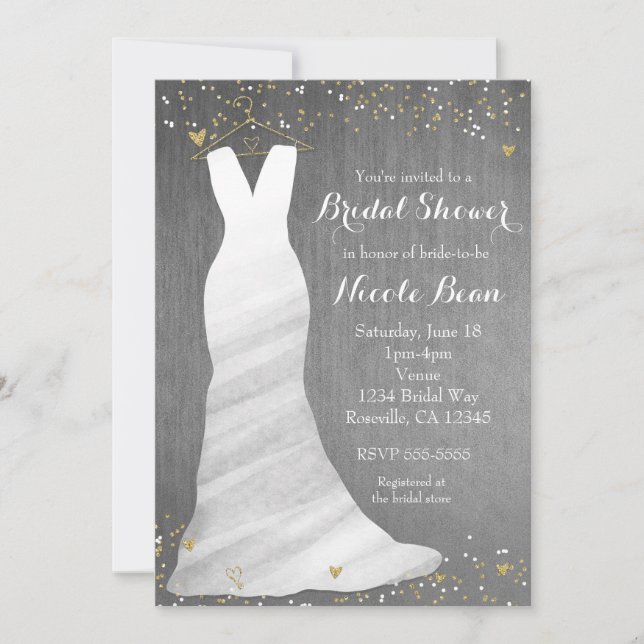 Modern Wedding Dress Confetti Hearts Bridal Shower Invitation (Front)