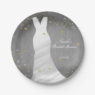 Modern Wedding Dress Confetti Hearts Bridal Shower Paper Plate