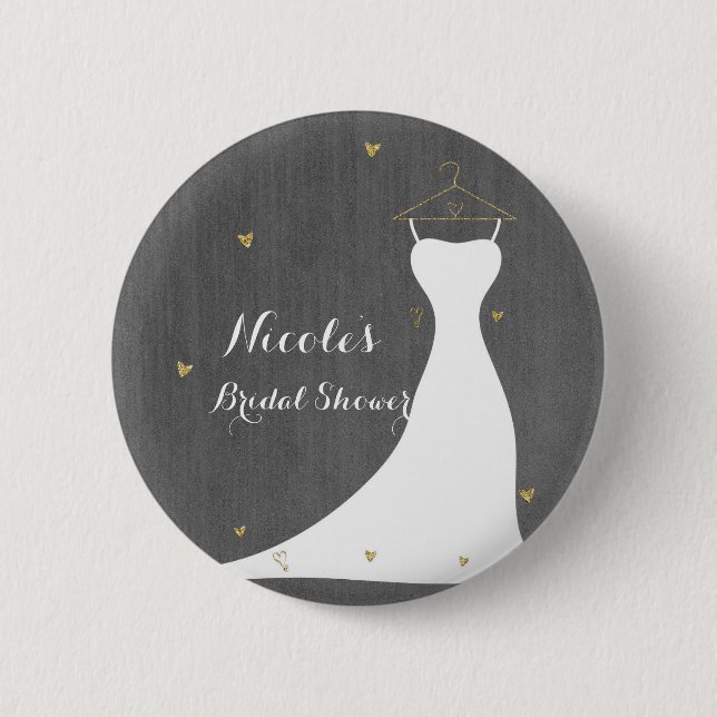 Modern Wedding Dress & Gold Hearts Bridal Shower 6 Cm Round Badge (Front)