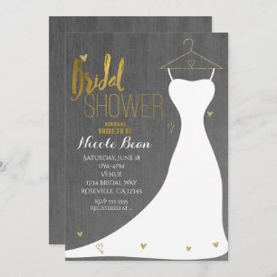 Modern Wedding Dress & Gold Hearts Bridal Shower Invitation