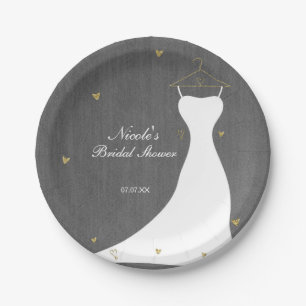 Modern Wedding Dress & Gold Hearts Bridal Shower Paper Plate
