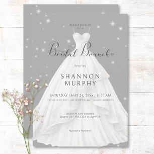 Modern Wedding Dress on Grey Sparkle Bridal Brunch Invitation