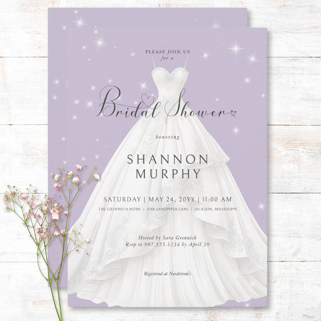 Modern Wedding Dress Purple Sparkle Bridal Shower Invitation (Modern Wedding Dress Purple Sparkle Bridal Shower Invitation)