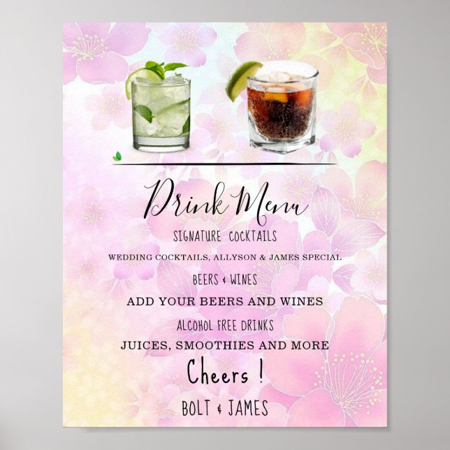 Modern wedding drink menu cocktails illustration p poster (Front)