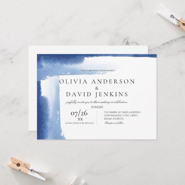 Modern Wedding  Elegant Blue Ocean Beach Wedding  Invitation (Front/Back In Situ)