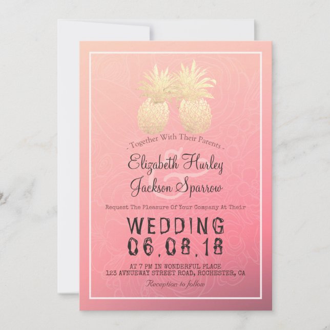 Modern Wedding Elegant Gold Foil Pineapple Couple Invitation (Front)