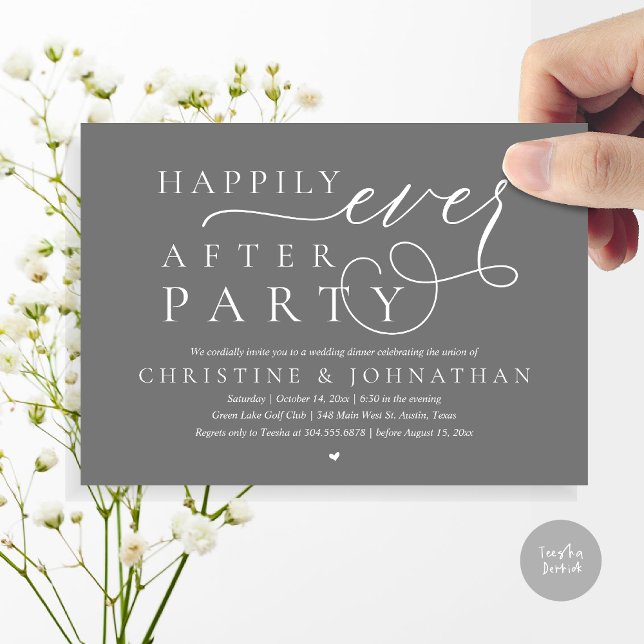 Modern Wedding Elopement, Happily Ever After Party Invitation (Modern Cute Wedding Elopement, Happily Ever After Party Invitation Card, PDF, in Dark Grey)
