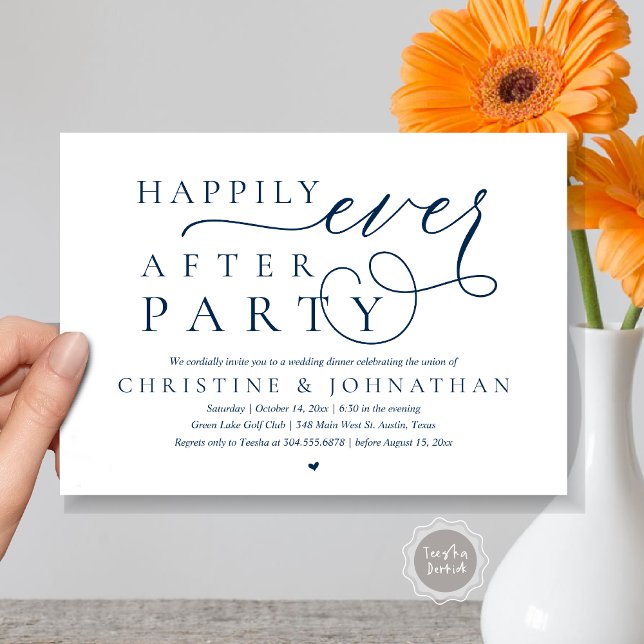 Modern Wedding Elopement, Happily Ever After Party Invitation (Modern Cute Wedding Elopement, Happily Ever After Party Invitation Card, PDF, in Navy Blue)