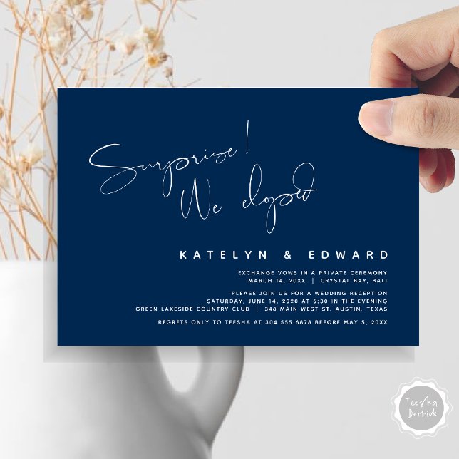 Modern Wedding Elopement, Surprise, we eloped Invitation (Modern Wedding Elopement, Surprise, we eloped, dinner Invitation Card, PDF, in Navy Blue)