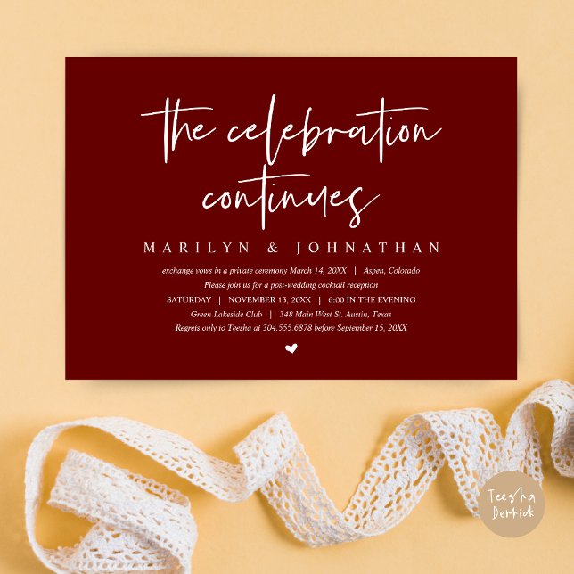 Modern Wedding Elopement the celebration continues Invitation (Wedding Elopement, Modern celebration continues Invitation Card, PDF, in Burgundy Red)