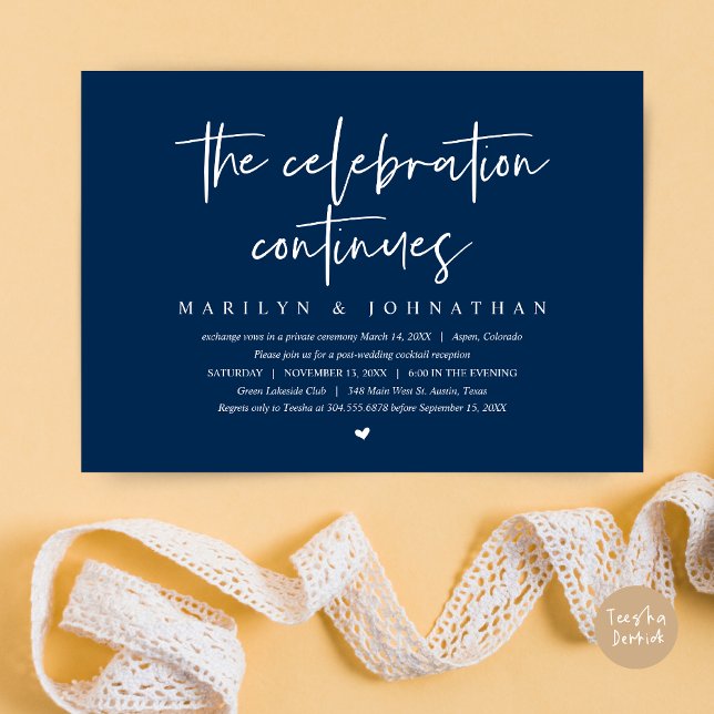 Modern Wedding Elopement the celebration continues Invitation (Wedding Elopement, Modern celebration continues Invitation Card, PDF, in Navy Blue)
