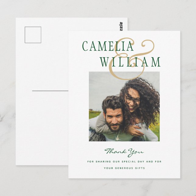 Modern Wedding Emerald Green Gold THANK YOU PHOTO Postcard (Front/Back)