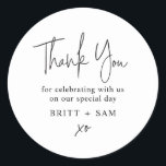 Modern Wedding Favour Script Handwritten Custom Classic Round Sticker<br><div class="desc">Can be customised to suit your needs.
© Gorjo Designs. Made for you via the Zazzle platform. 

// Need help customising your design? Got other ideas? Feel free to contact me (Zoe) directly via the contact button below.</div>