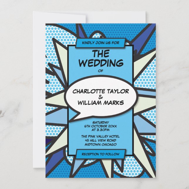 Modern Wedding Fun Designer Blue Comic Book Invitation (Front)