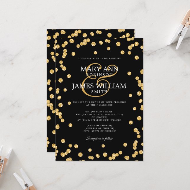 Modern Wedding Gold Glitter Confetti Black Invitation (Front/Back In Situ)