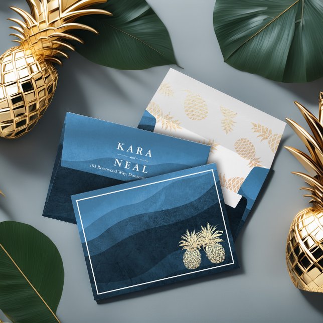 Modern Wedding Gold Pineapple Couple Navy Blue Env Envelope (Creator Uploaded)
