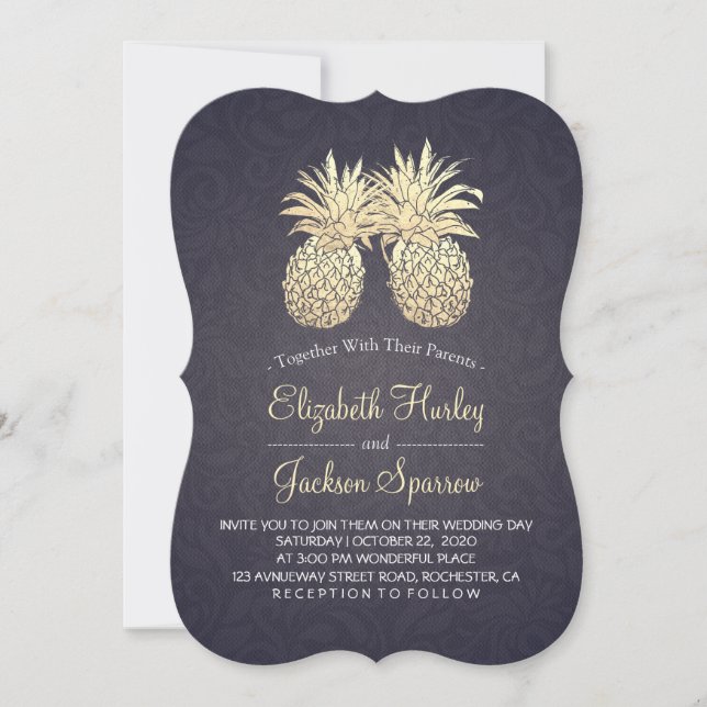 Modern Wedding Golden Pineapples Couple Navy Blue Invitation (Front)