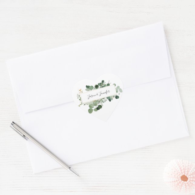 Modern Wedding Greenery Couple Names Elegant Love Heart Sticker (Envelope)