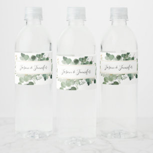 Modern Wedding Greenery Custom Couple Names Water Bottle Label