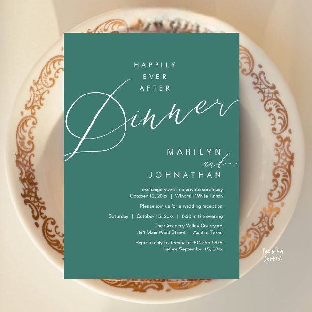 Modern Wedding Happily Ever After Reception Dinner Invitation (Modern Wedding Happily Ever After Reception Dinner Invitation Card in Teal Green)