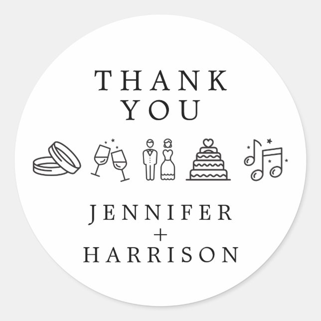 Modern Wedding Icons Thank You  Classic Round Sticker (Front)