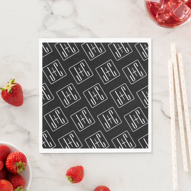 Modern Wedding Initials Pattern | Black & White Napkin (Insitu)
