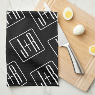 Modern Wedding Initials Pattern   Black & White Tea Towel