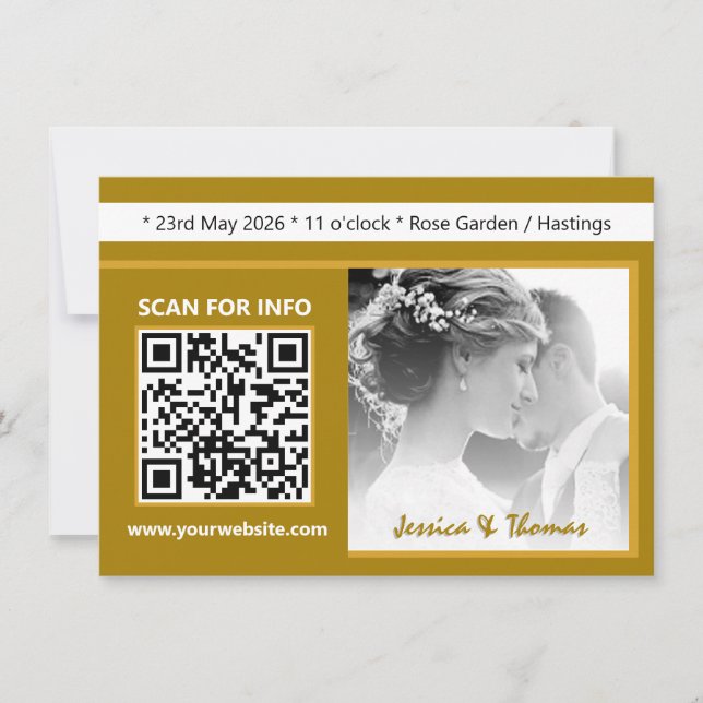 Modern Wedding Invitation, QR Code, Photo, Gold Invitation (Front)