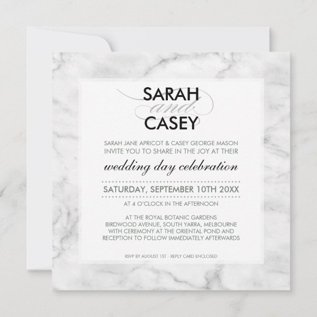 MODERN WEDDING INVITE modern mod spot black marble (Back)