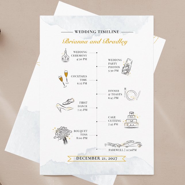Modern Wedding Itinerary and Welcome Watercolor Program (Wedding Program Timeline with Icons Card)